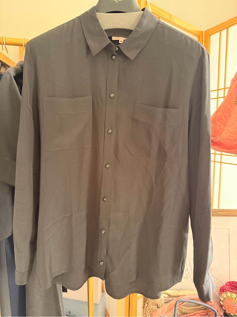 Sézane 100% Silk Black Button Front Blouse Size 42